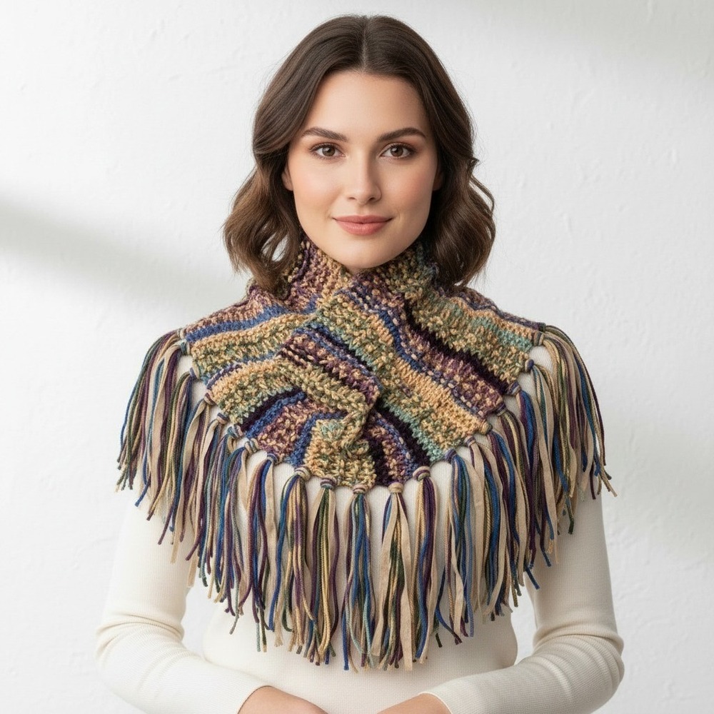 NEW Hand‎ Knitted Cowl Scarf Tan Purple Blue Green Boho Fringe Artsy Indie Fairy